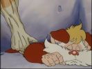 In a climatic scene, Snarf is rescued after the head of the new Lair nearly crushes him.